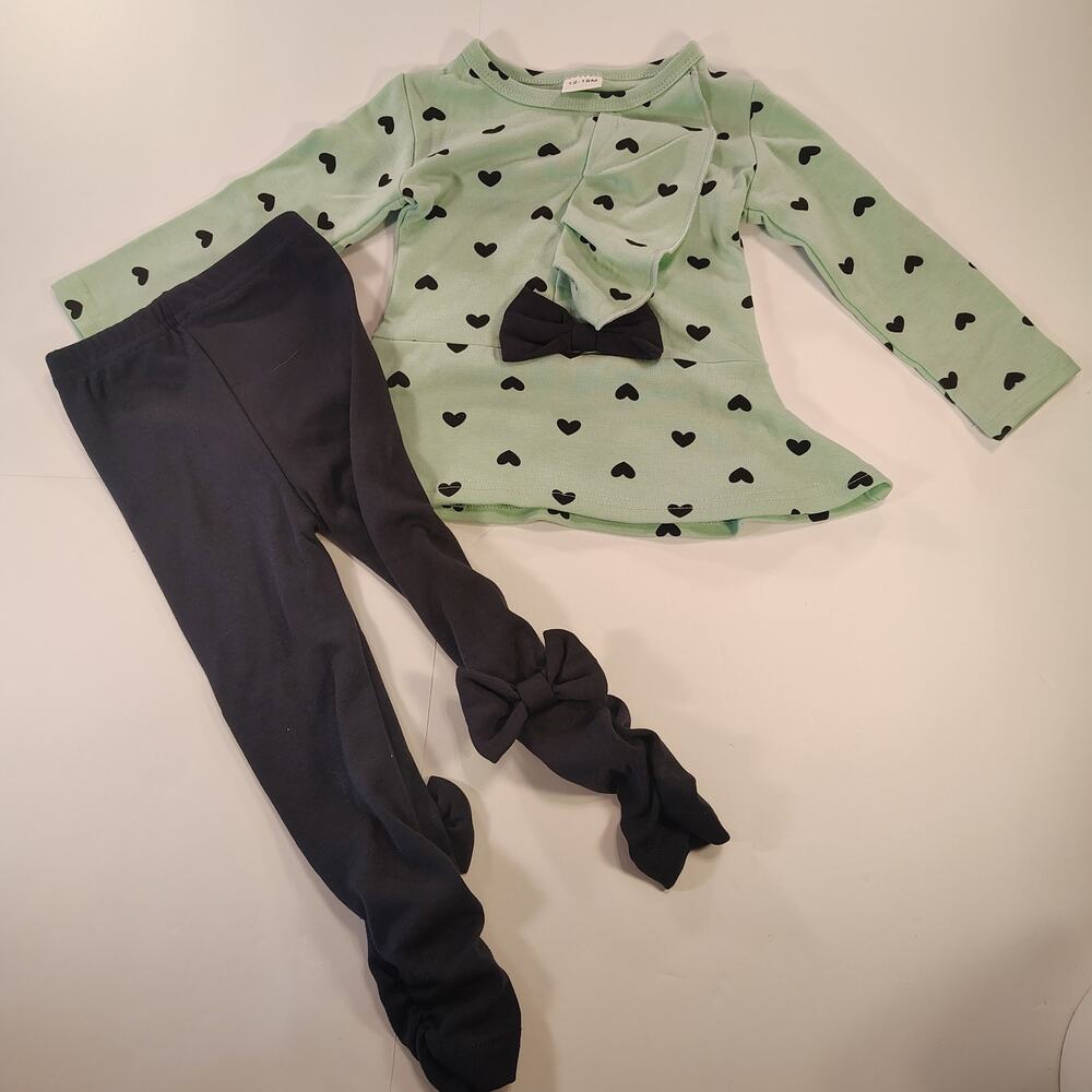 Baby Girl 12-18M Heart Top Bow Leggings Outfit Set Coquette Boutique Green